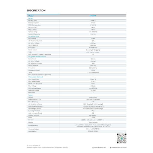Dyness All in ONE DH200F energiatároló 100kW/215kWh (2h)